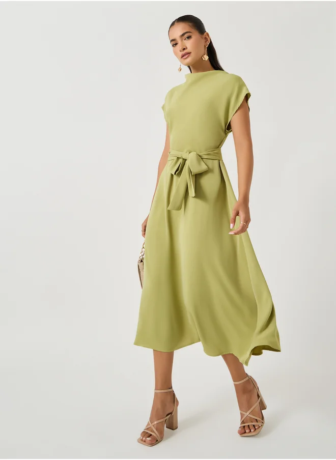 Take Two Women Green Solid Cinched Waist A-Line Midi Dress