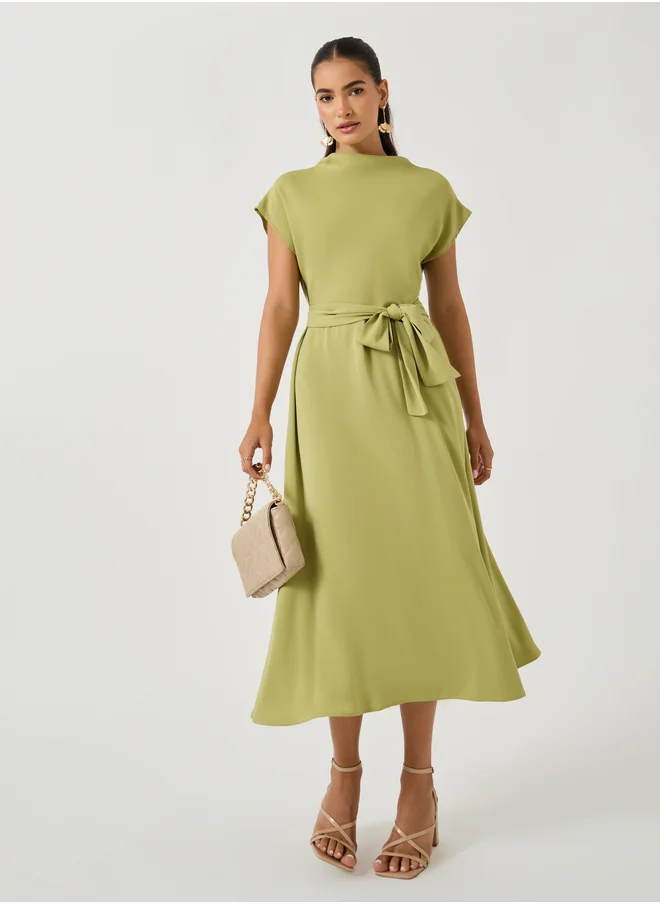 Take Two Women Green Solid Cinched Waist A-Line Midi Dress