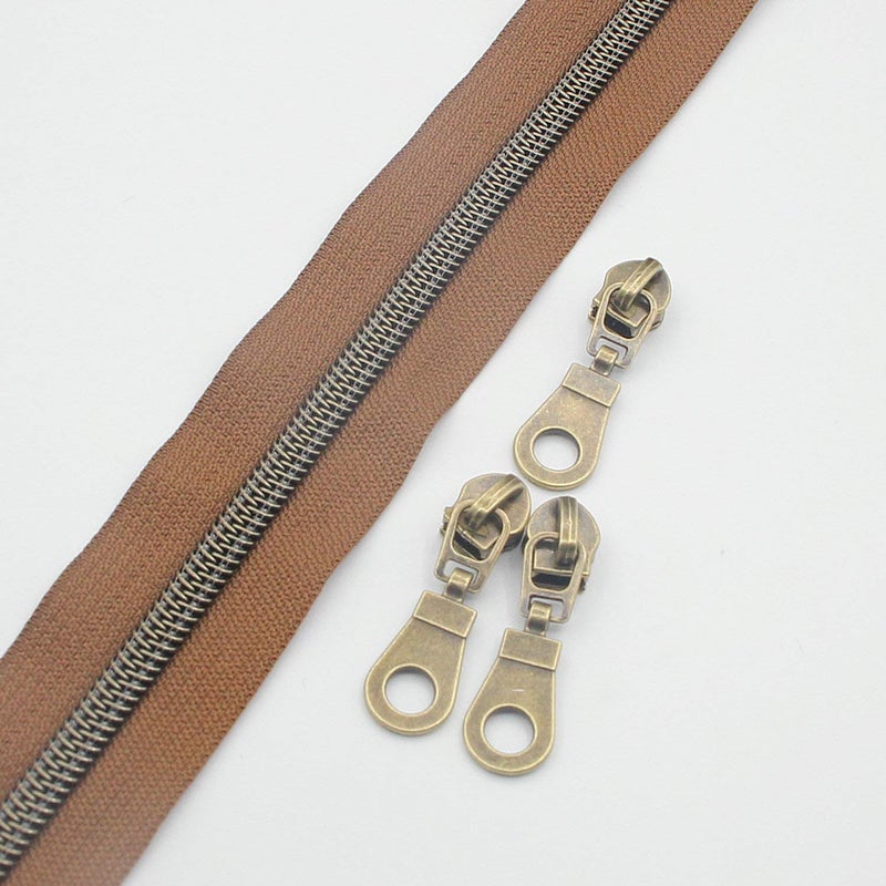 Leekayer #5 Antique Brass Metallic Nylon Coil Zippers by The Yard Bulk 10 Yards (Brown Tape with 25pcs Brass Sliders for DIY Sewing Tailor Craft Bag(Brown) - Image 2