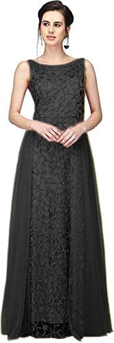 PATLANI Women's Net Embroidery Aline-Flered Gown Dress for Women Full Stitched Gown Ready to wear.(All Over-Black-XXL) - Image 1