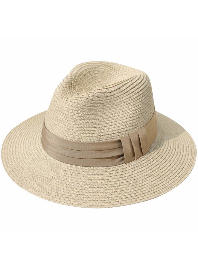 Lanzom Women Wide Brim Straw Panama Roll up Hat Fedora Beach Sun Hat UPF50+ (B-Khaki) - Image 1
