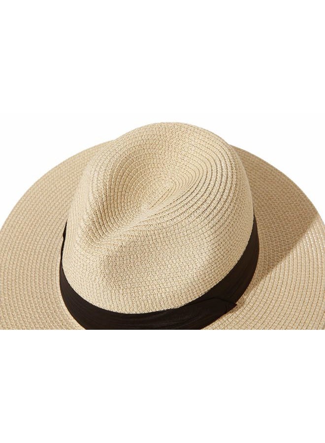 Lanzom Women Wide Brim Straw Panama Roll up Hat Fedora Beach Sun Hat UPF50+ (B-Khaki) - Image 4