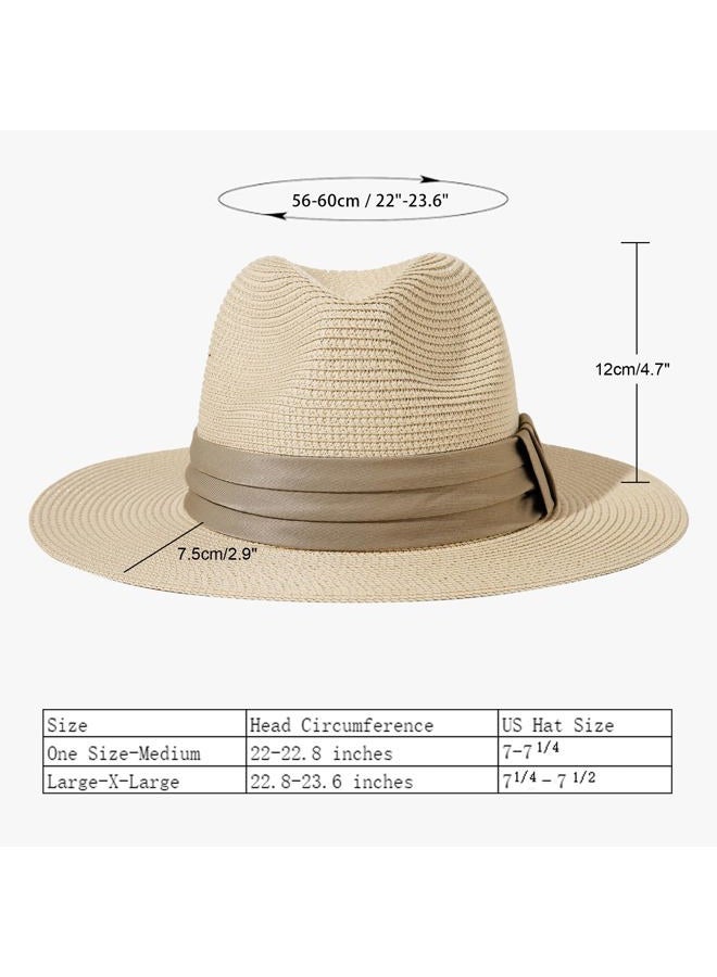 Lanzom Women Wide Brim Straw Panama Roll up Hat Fedora Beach Sun Hat UPF50+ (B-Khaki) - Image 2
