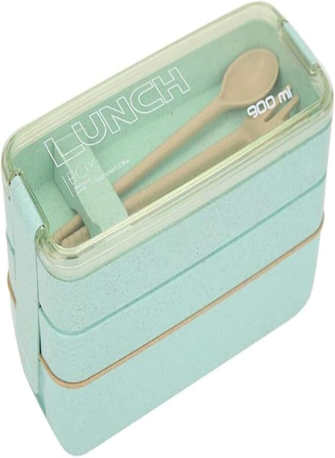 Details Bento Lunch Box Kids & Adults, Wheat Straw Bento Boxes Meal prep Containers with Divider 900ml 3 Layer, Microwave Safe, Leakproof BPA Free (Blue)