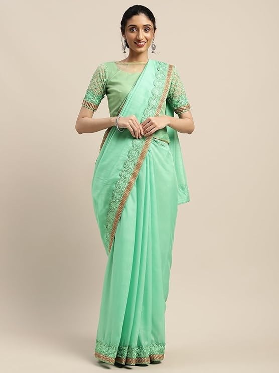 HEMOVIA Pure Fancy Georgette Embroidery Saree Rich Pallu Design Lace Zari Work Trendy Occassion Wear, women sarees With Unstitched Blouse Piece Embroidery Work sarees latest (Green-2) - Image 2