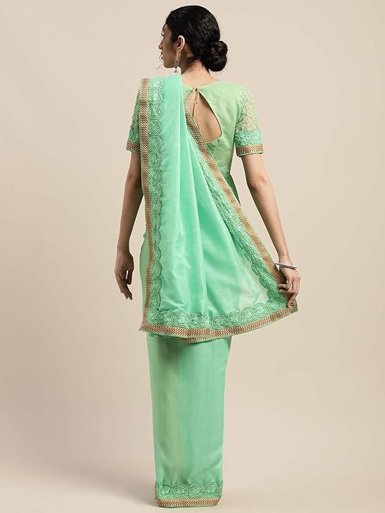 HEMOVIA Pure Fancy Georgette Embroidery Saree Rich Pallu Design Lace Zari Work Trendy Occassion Wear, women sarees With Unstitched Blouse Piece Embroidery Work sarees latest (Green-2) - Image 3