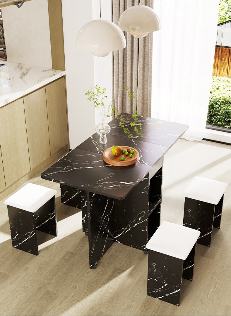 Zeno Extendable folding dining table, multifunctional mobile kitchen table, folding kitchen table with two-layer shelf, 6 wheels, including 4 stools - Image 1