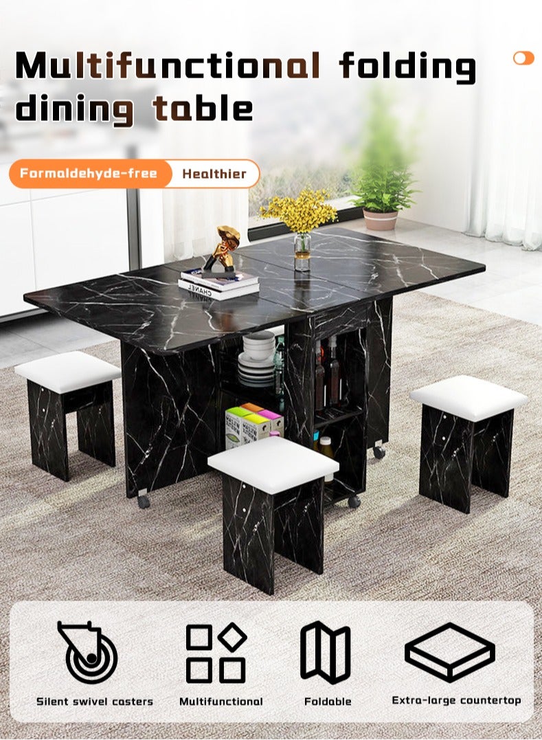Zeno Extendable folding dining table, multifunctional mobile kitchen table, folding kitchen table with two-layer shelf, 6 wheels, including 4 stools - Image 2