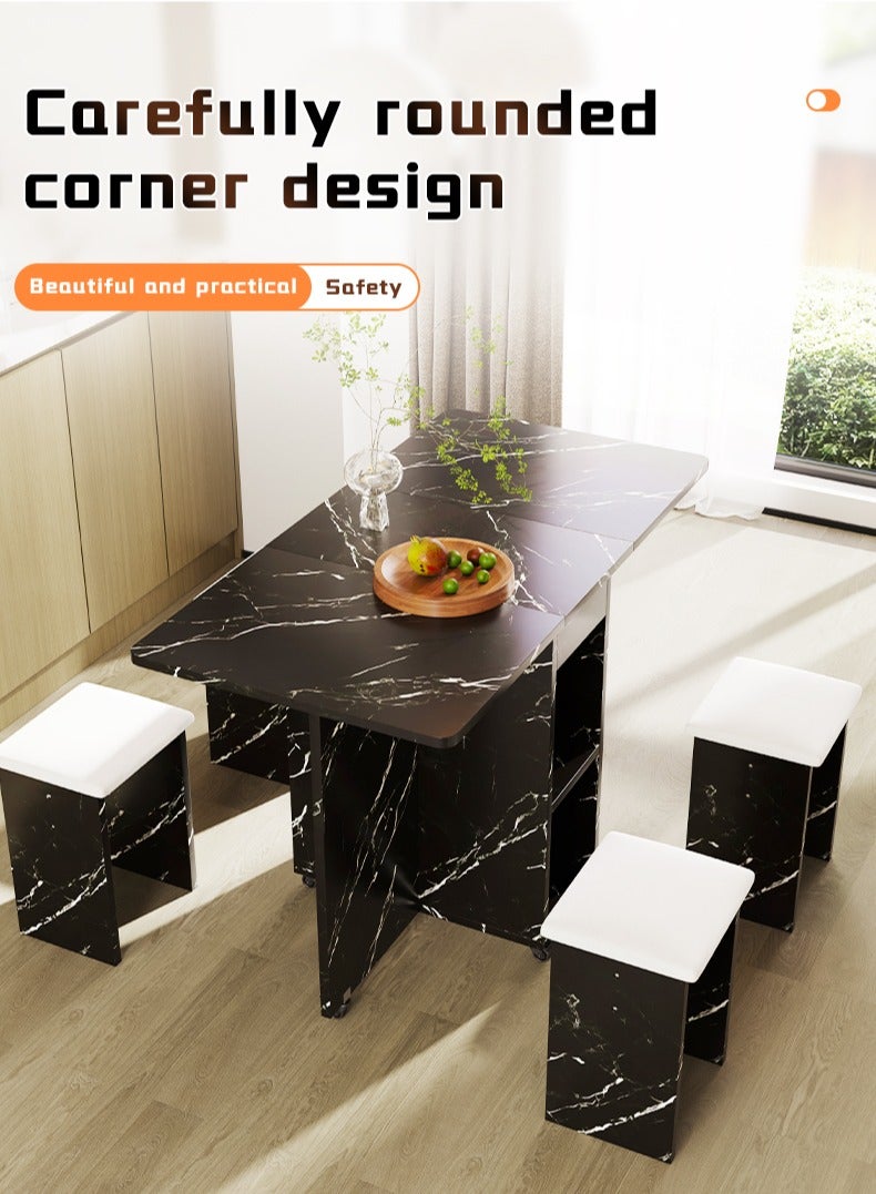Zeno Extendable folding dining table, multifunctional mobile kitchen table, folding kitchen table with two-layer shelf, 6 wheels, including 4 stools - Image 3