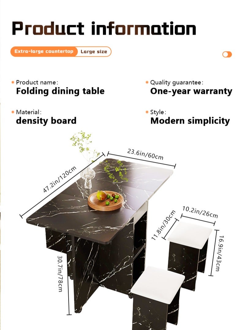 Zeno Extendable folding dining table, multifunctional mobile kitchen table, folding kitchen table with two-layer shelf, 6 wheels, including 4 stools - Image 4