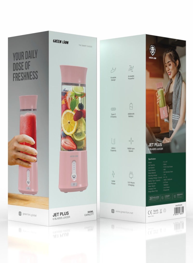 GREEN LION JET PLUS 6 Bladed Juicer 120W / 18000rpm Powerful Motor / High Speed / 500ml Jar Capacity / 304 Stainless Steel Blade / 2000mAh Battery / 20 Times Blending Cycle / 30 seconds Single Blend Time / juice Maker / Mixer/ Camping Blender / Gym / Home / Outdoor / Office / Baby Food Maker - Pink - Image 3