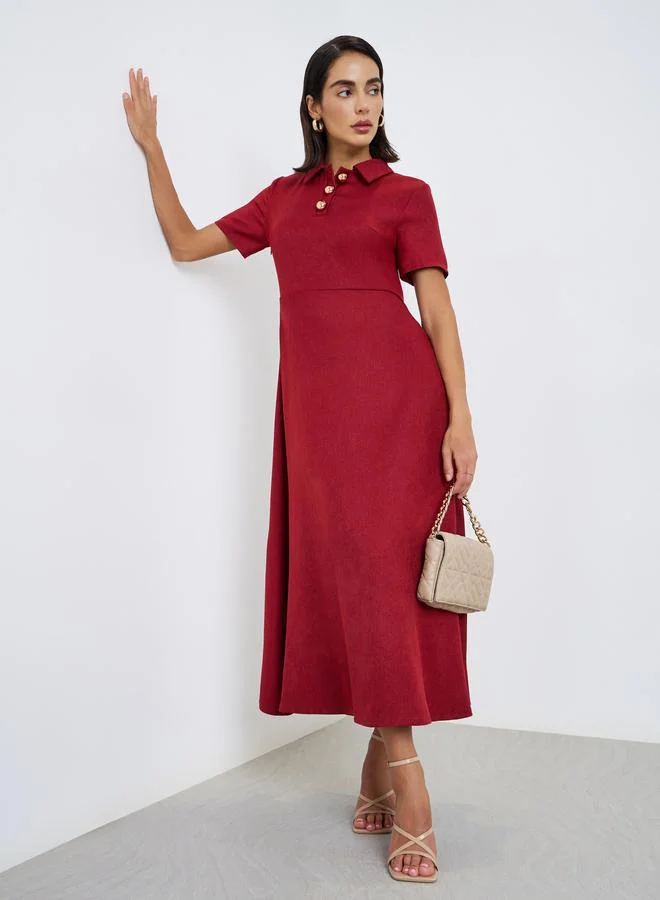 Styli Red A-Line Maxi Dress with Short Sleeves
