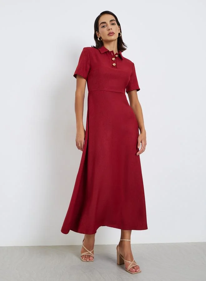 Styli Red A-Line Maxi Dress with Short Sleeves