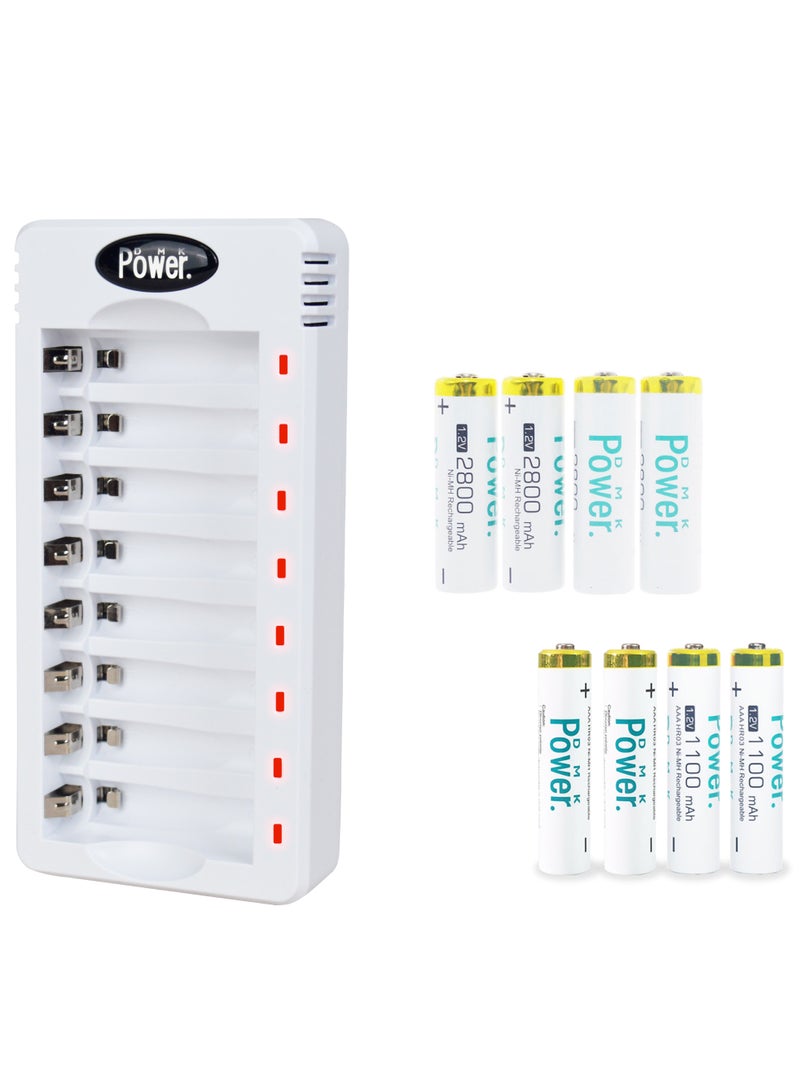 DMK Power Rechargeable 4xAA, 4xAAA Battery Pack High Capacity Low Self Discharge Ni-MH Double A & Triple A Batteries with Smart 8 Bay Charger (USB Fast Charging, Independent Slot)- (TC-Q8+4xAA,4xAAA) - Image 1