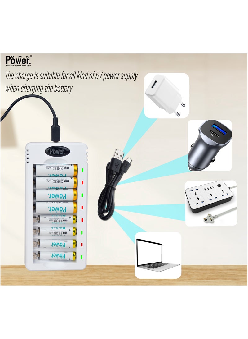 DMK Power Rechargeable 4xAA, 4xAAA Battery Pack High Capacity Low Self Discharge Ni-MH Double A & Triple A Batteries with Smart 8 Bay Charger (USB Fast Charging, Independent Slot)- (TC-Q8+4xAA,4xAAA) - Image 2