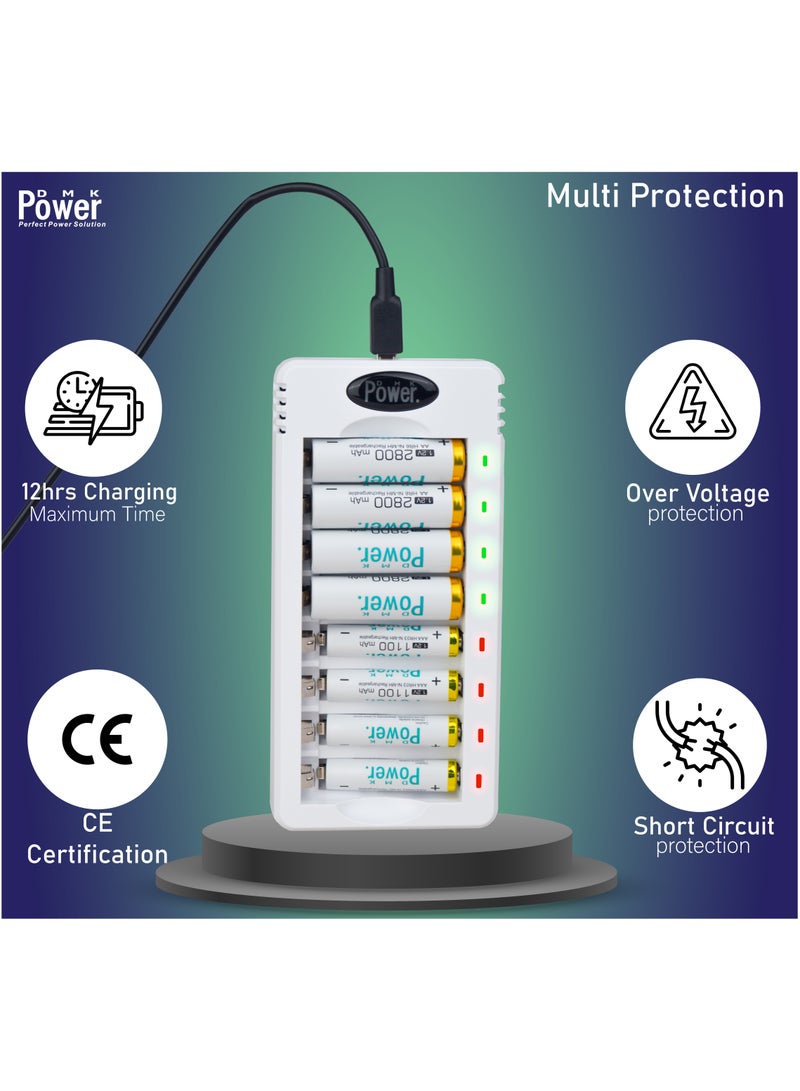 DMK Power Rechargeable 4xAA, 4xAAA Battery Pack High Capacity Low Self Discharge Ni-MH Double A & Triple A Batteries with Smart 8 Bay Charger (USB Fast Charging, Independent Slot)- (TC-Q8+4xAA,4xAAA) - Image 4