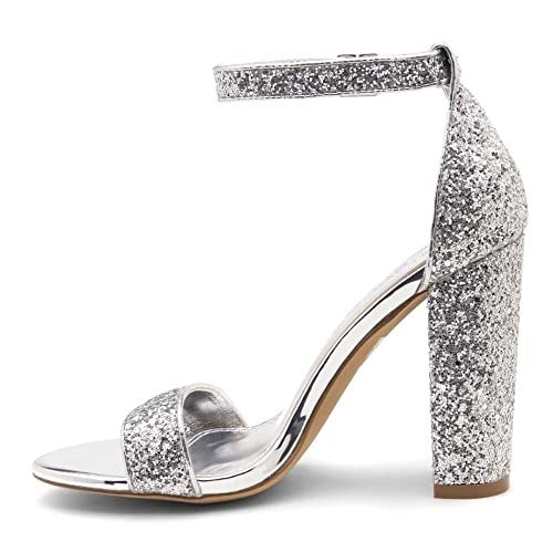 Herstyle Women’s Chunky Block Heels – Open Toe Ankle Strap Sandals, 3.75 Inch High Heels for Wedding, Party & Dressy Occasions – Comfortable Strappy Dress Shoes, SilverGlitter, Size 9.0, Rosemmina - Image 3