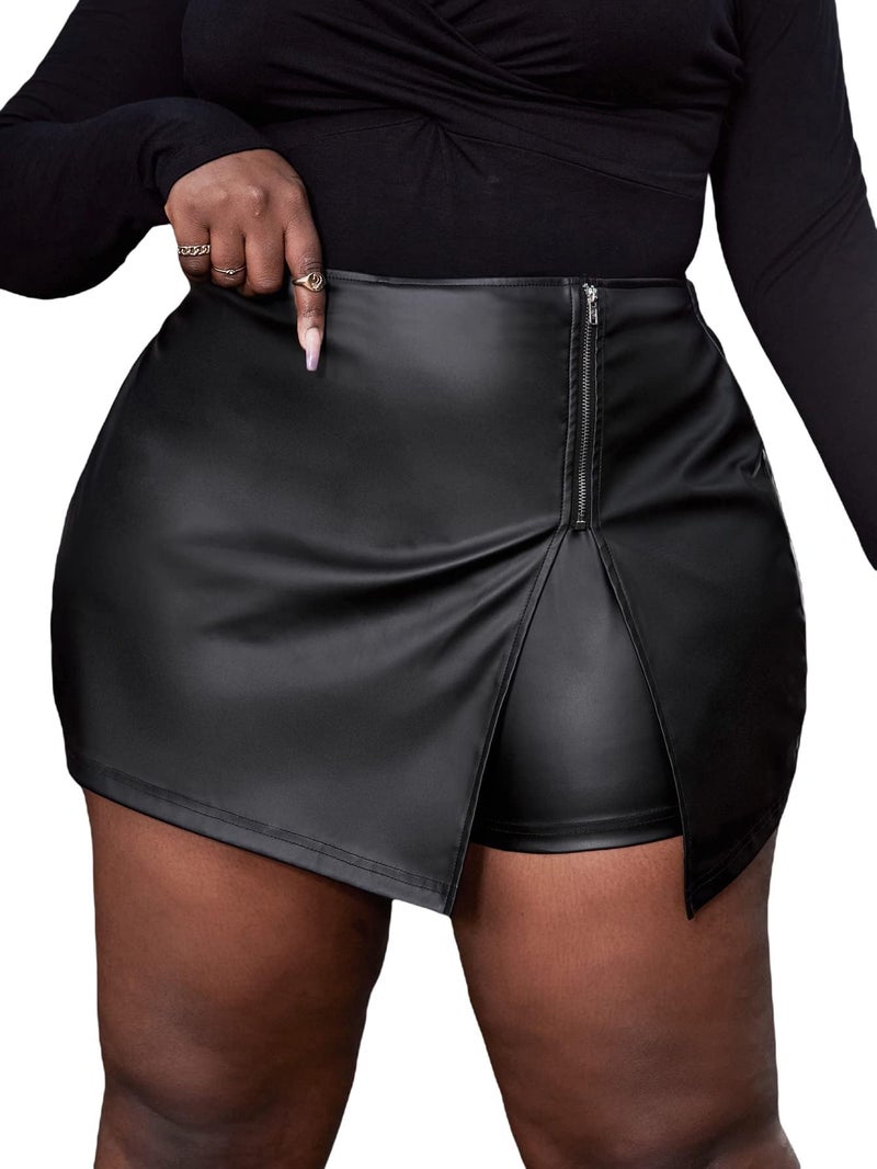 MakeMeChic Women's Plus Size Faux Leather Shorts Zipper Front Split PU Leather Skorts Black 2XL - Image 1