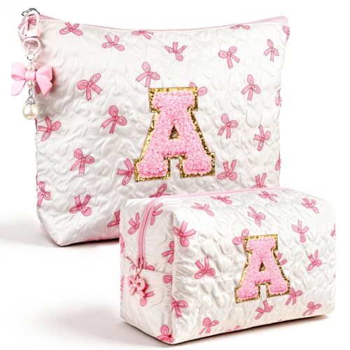 Giftota Initial Makeup Bag, Valentines Day Gifts for Women Teens Girls Birthday Gift Personalized Bow Cosmetic Bag, Quilted Cosmetic Travel Toiletry Pouch, Cute Makeup Organizer Teen Girl Gifts Trendy Stuff A - Image 1