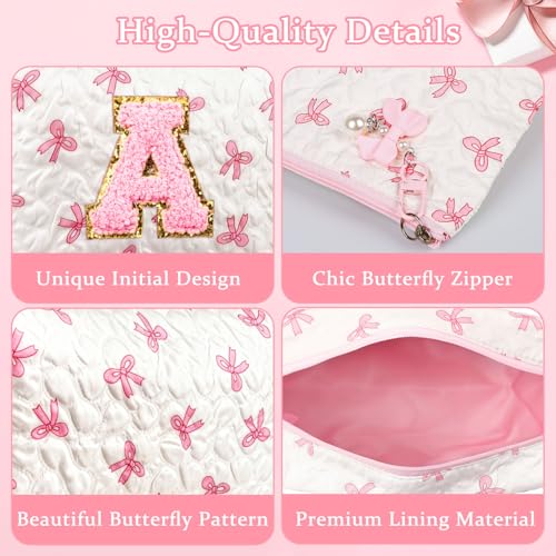 Giftota Initial Makeup Bag, Valentines Day Gifts for Women Teens Girls Birthday Gift Personalized Bow Cosmetic Bag, Quilted Cosmetic Travel Toiletry Pouch, Cute Makeup Organizer Teen Girl Gifts Trendy Stuff A - Image 5
