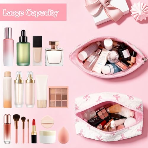 Giftota Initial Makeup Bag, Valentines Day Gifts for Women Teens Girls Birthday Gift Personalized Bow Cosmetic Bag, Quilted Cosmetic Travel Toiletry Pouch, Cute Makeup Organizer Teen Girl Gifts Trendy Stuff A - Image 3