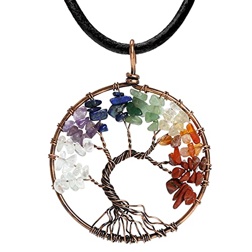 POTESSA 7 Chakra Tree of Life Necklace Wire Wrapped Quartz Crystal Pendant Leather Choker Necklace Tree Jewelry Gifts for Her - Image 1
