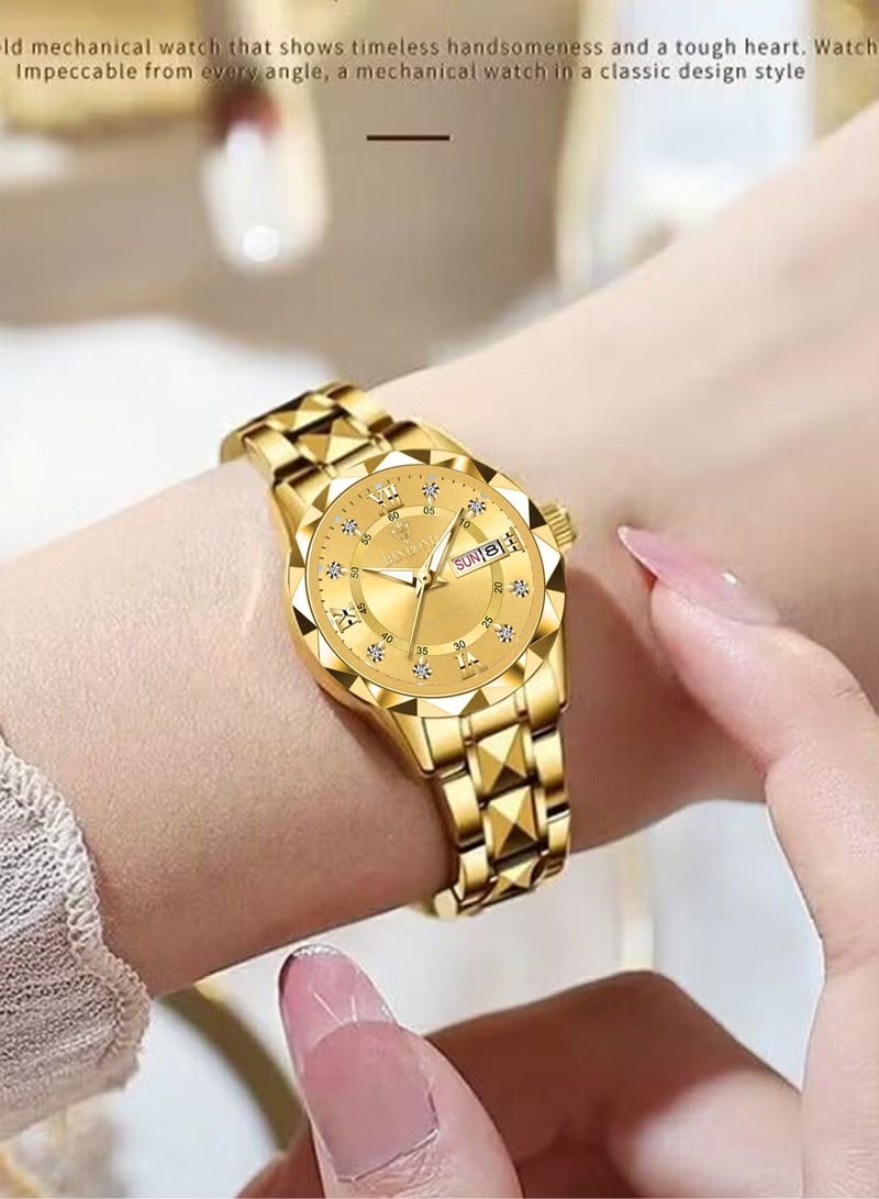 BINBOND Women's Watches Luxury Fashion Gold Stainless Steel Quartz Wristwatch Waterproof Luminous Date 28mm Ladies Gift - Image 2