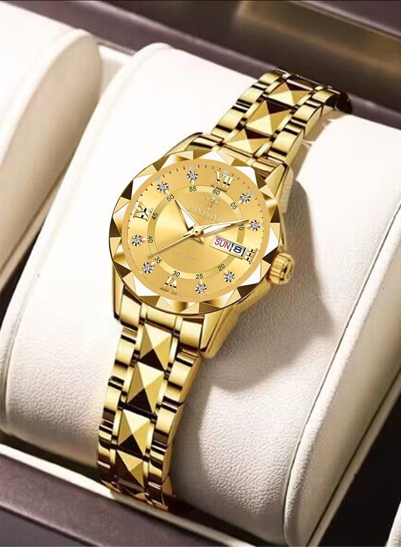 BINBOND Women's Watches Luxury Fashion Gold Stainless Steel Quartz Wristwatch Waterproof Luminous Date 28mm Ladies Gift - Image 1