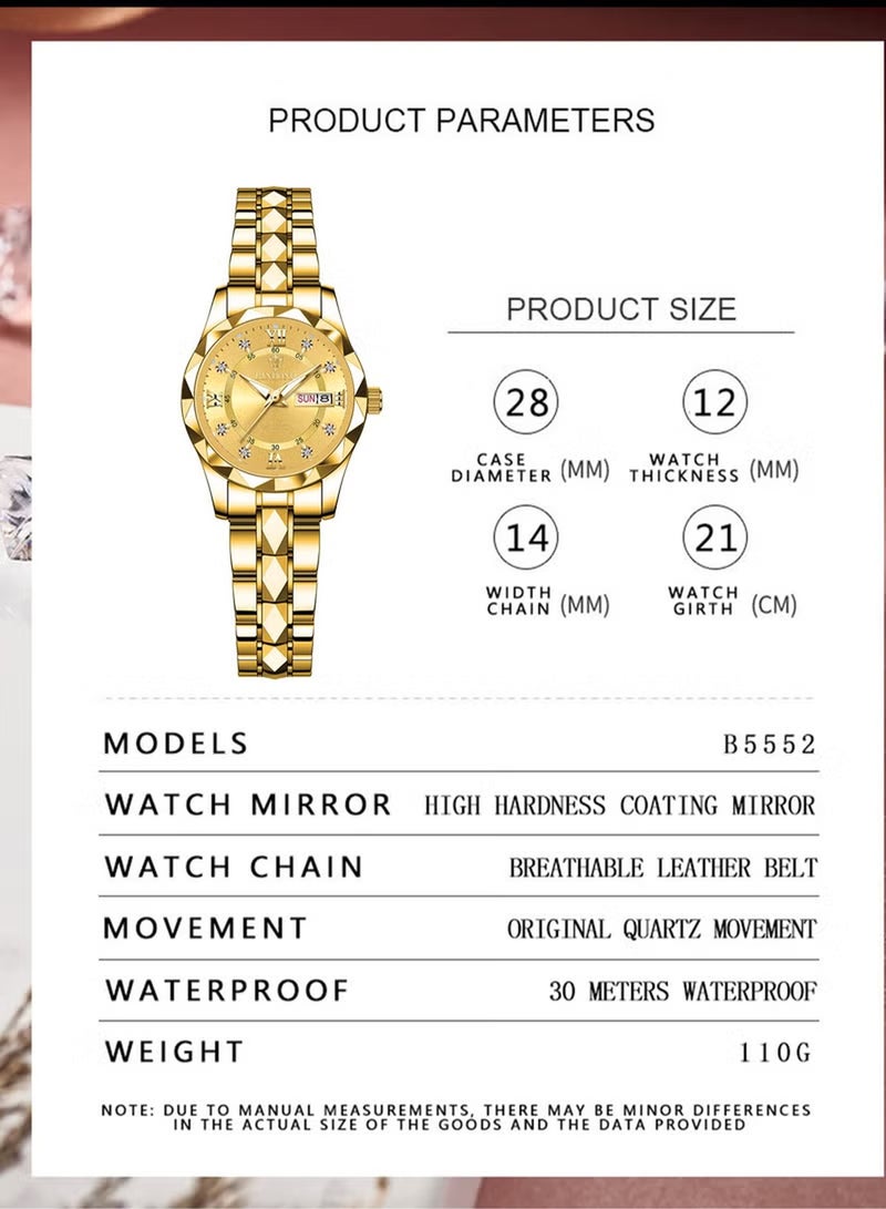 BINBOND Women's Watches Luxury Fashion Gold Stainless Steel Quartz Wristwatch Waterproof Luminous Date 28mm Ladies Gift - Image 4