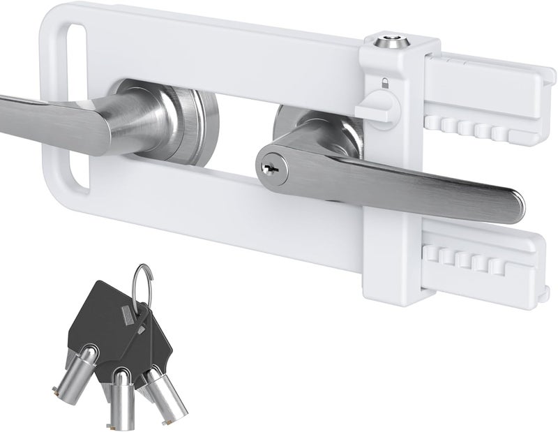 AST Double Door Security Lock, Keyed French Door Lockout Device, Reinforcement Lock for Knobs and Handle, Prevent Kick Ins, Childproof, Kids Proof Barricade (Matte White with Snib and Cylinder) - Image 1