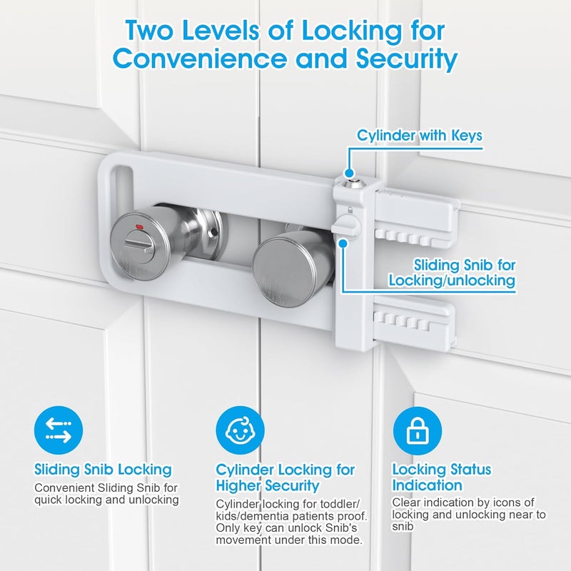 AST Double Door Security Lock, Keyed French Door Lockout Device, Reinforcement Lock for Knobs and Handle, Prevent Kick Ins, Childproof, Kids Proof Barricade (Matte White with Snib and Cylinder) - Image 3
