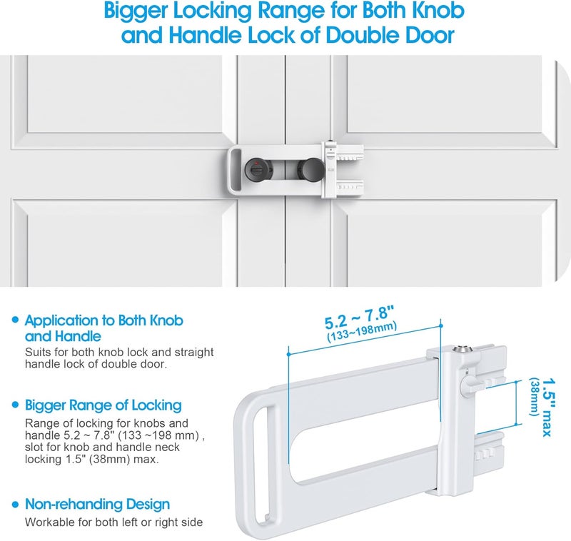 AST Double Door Security Lock, Keyed French Door Lockout Device, Reinforcement Lock for Knobs and Handle, Prevent Kick Ins, Childproof, Kids Proof Barricade (Matte White with Snib and Cylinder) - Image 2