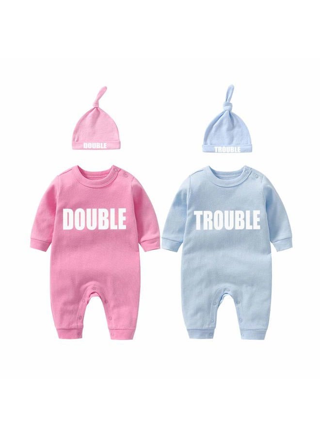 YSCULBUTOL Baby Twins Bodysuits Funny Double Trouble Cute Girl Romper Twin Jumpsuits Hat Set, Blue Dt, 9-12 Months - Image 1