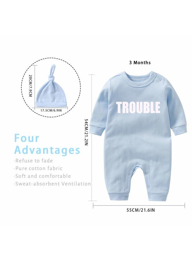 YSCULBUTOL Baby Twins Bodysuits Funny Double Trouble Cute Girl Romper Twin Jumpsuits Hat Set, Blue Dt, 9-12 Months - Image 2