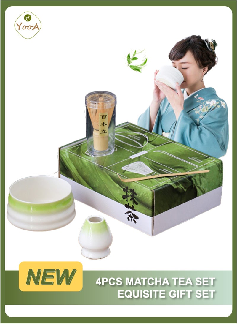 YooA 4-piece Japanese Matcha Set, Ceramic Matcha Bowl+Whisk Holder+Bamboo Whisk+Spoon, Perfect Handmade Matcha Kit to Prepare Traditional Matcha Tea, 100% Natural Matcha Gift Kit (Tint Green)  - Image 1