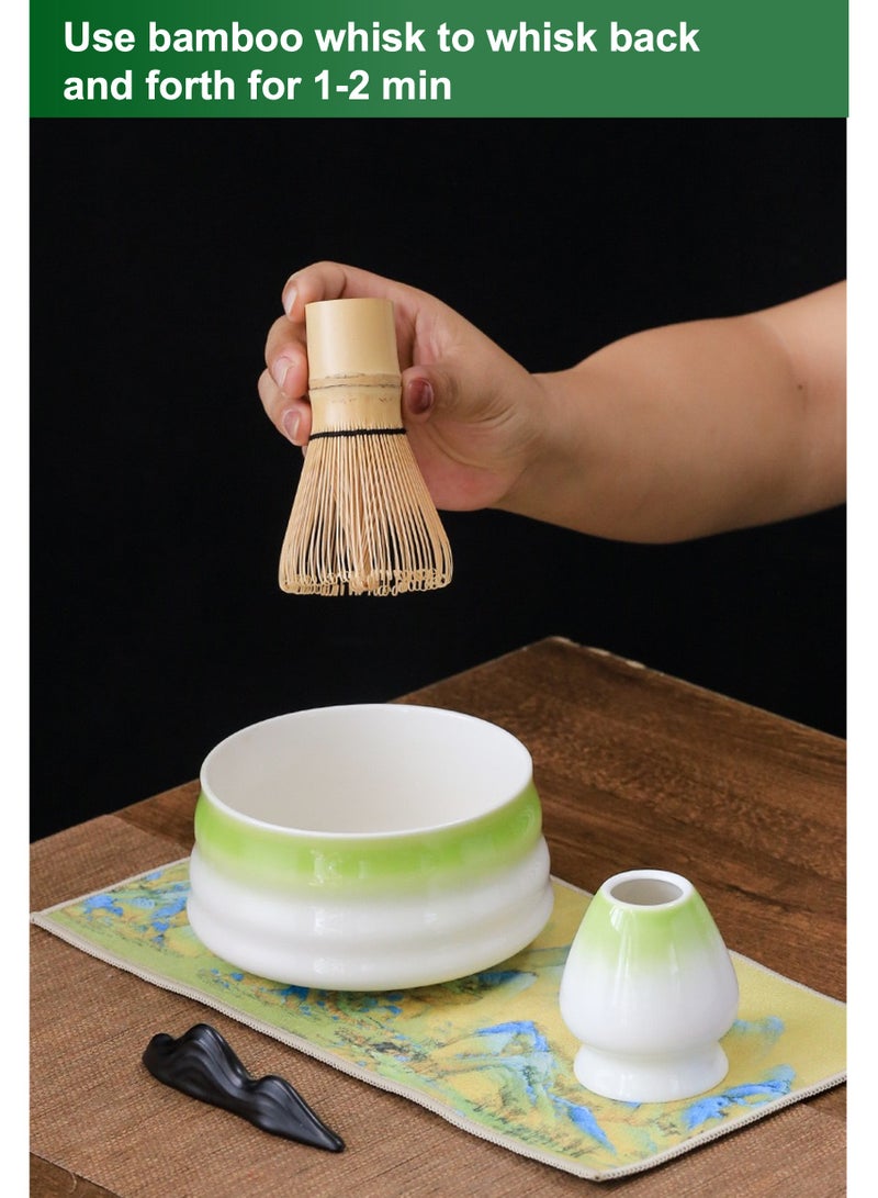 YooA 4-piece Japanese Matcha Set, Ceramic Matcha Bowl+Whisk Holder+Bamboo Whisk+Spoon, Perfect Handmade Matcha Kit to Prepare Traditional Matcha Tea, 100% Natural Matcha Gift Kit (Tint Green)  - Image 3