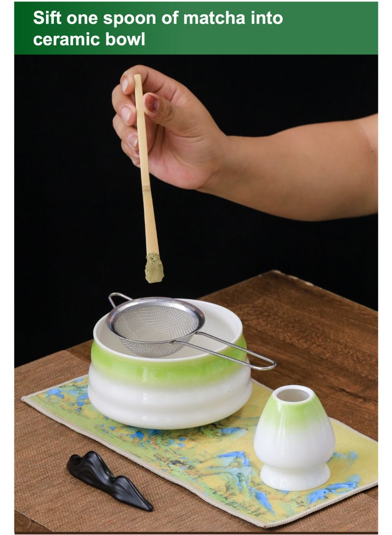 YooA 4-piece Japanese Matcha Set, Ceramic Matcha Bowl+Whisk Holder+Bamboo Whisk+Spoon, Perfect Handmade Matcha Kit to Prepare Traditional Matcha Tea, 100% Natural Matcha Gift Kit (Tint Green)  - Image 2