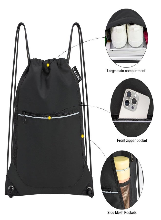 HOLYLUCK Drawstring Backpack Small Gym Bag with Mesh Pockets String Bag Backpack for Men Women, Black - Image 3