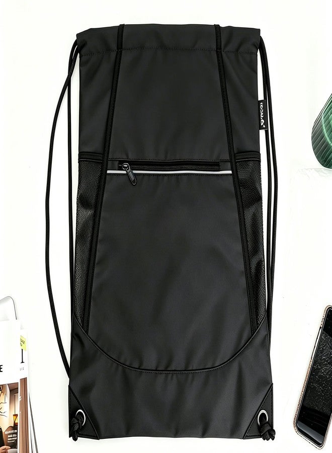 HOLYLUCK Drawstring Backpack Small Gym Bag with Mesh Pockets String Bag Backpack for Men Women, Black - Image 4