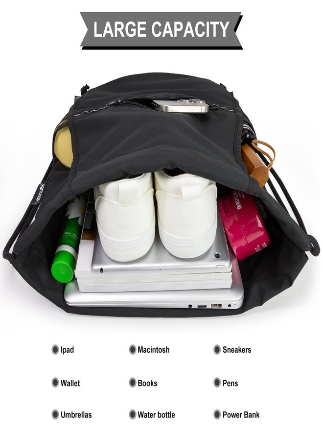 HOLYLUCK Drawstring Backpack Small Gym Bag with Mesh Pockets String Bag Backpack for Men Women, Black - Image 2