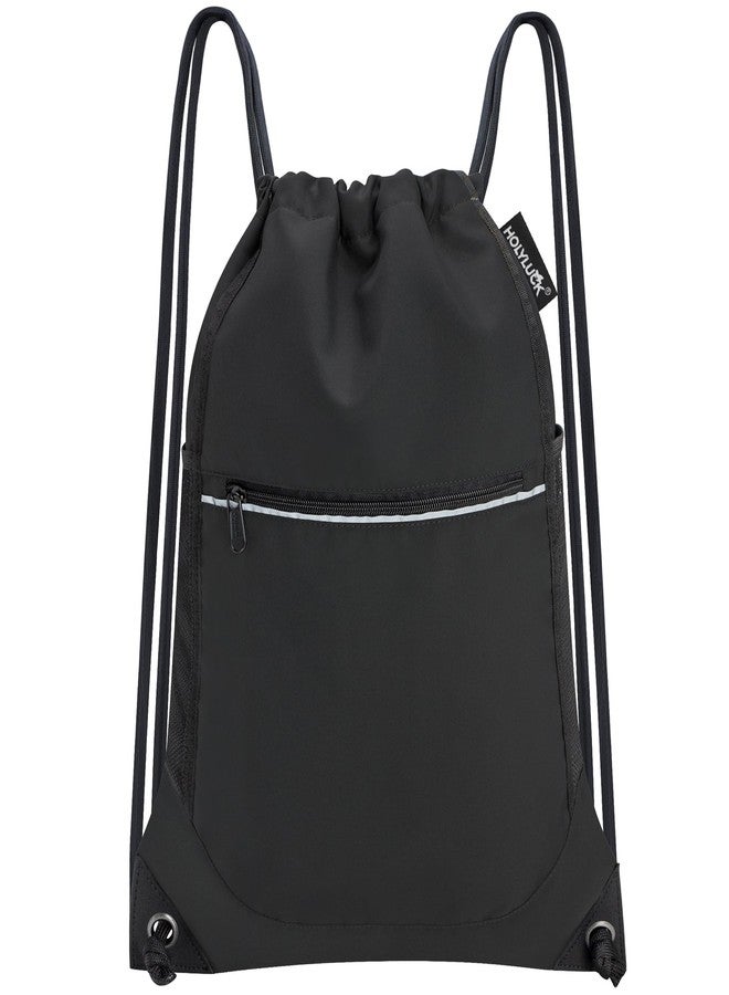 HOLYLUCK Drawstring Backpack Small Gym Bag with Mesh Pockets String Bag Backpack for Men Women, Black - Image 1