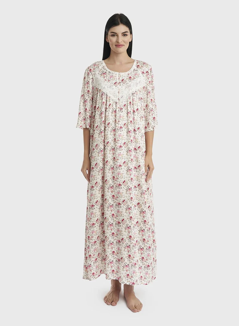 KASHKHA Lace Panel Front Zipp Long Nighty (CNH419)