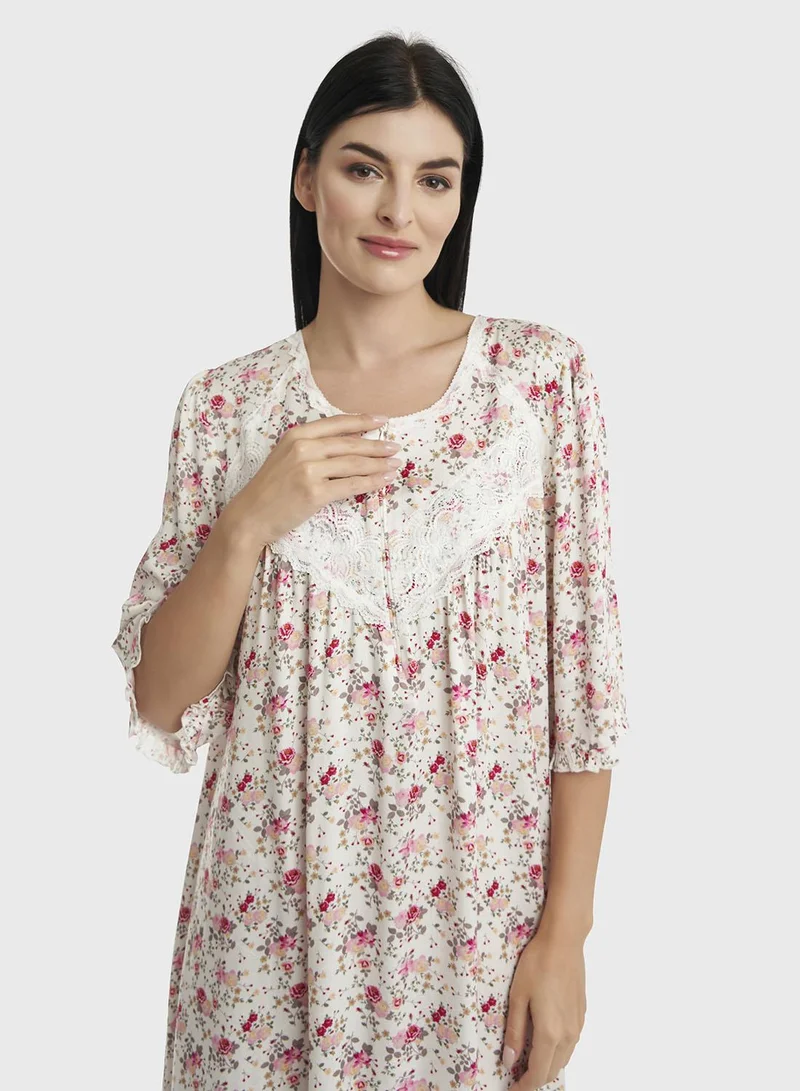 KASHKHA Lace Panel Front Zipp Long Nighty (CNH419)