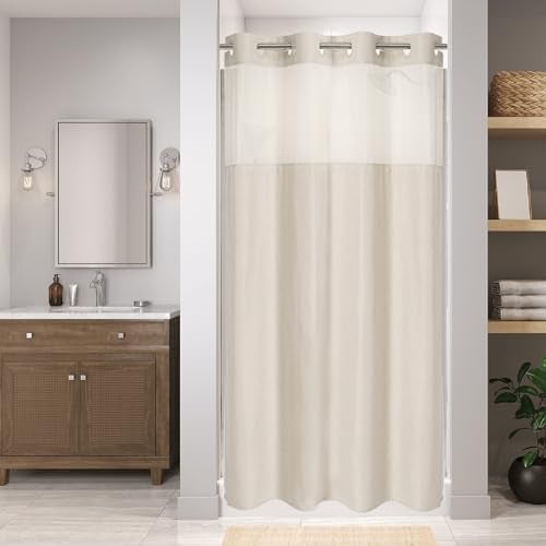 eachope Stall No Hooks Needed Linen Textured Shower Curtain with Snap-in Fabric Liner Set,Hotel Luxury Decor Shower Curtains for Bathroom,Waterproof & Washable,54Wx80H,Cream - Image 1