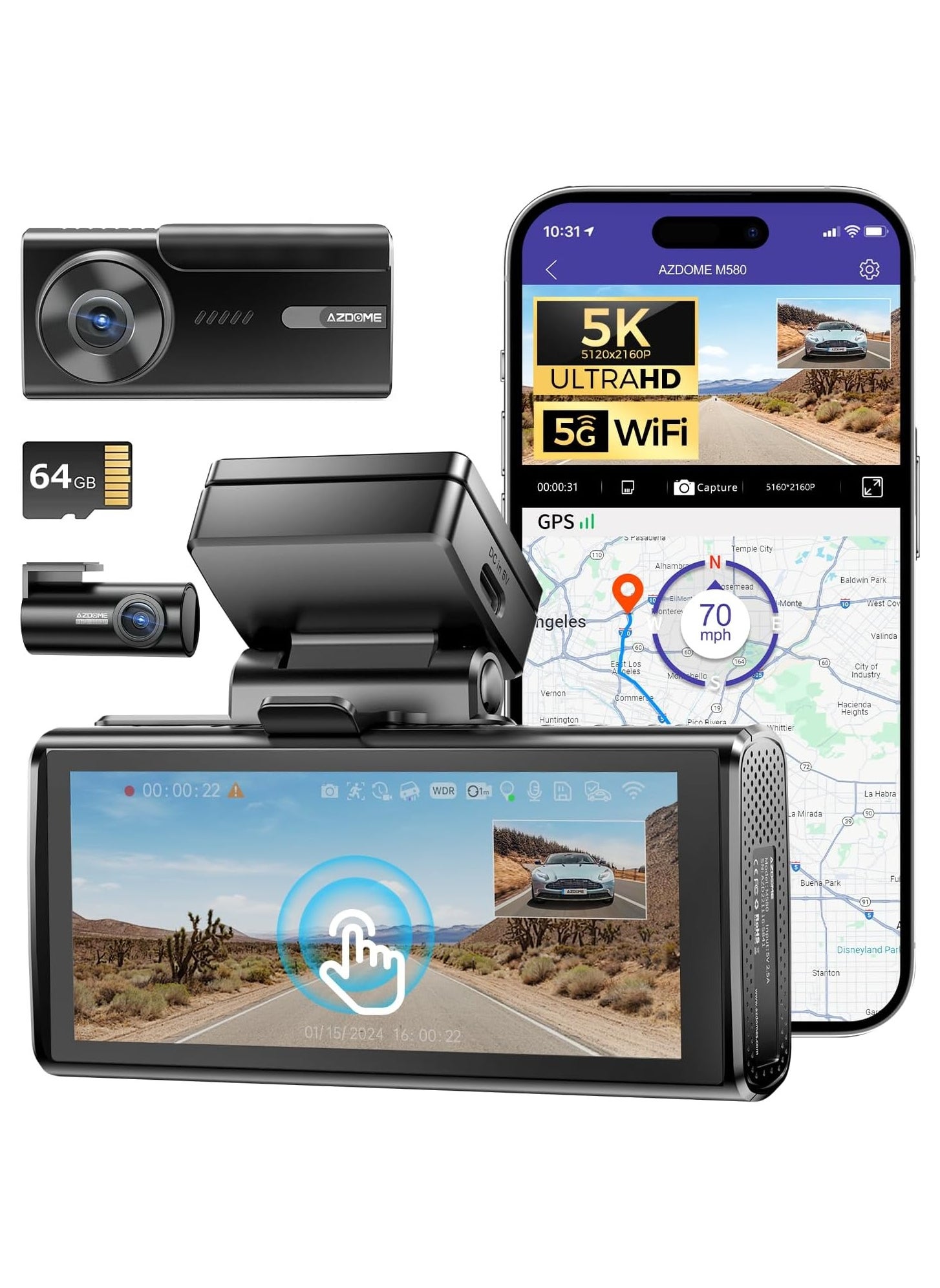 5K 2 Channel Front + Rear Dash Cam M580-2CH, 4" Touchscreen Car Camera, 5G WiFi GPS, 4K+1080P, IR Night Vision Driving Recorder, G-Sensor Parking Mode, 64GB Card included 