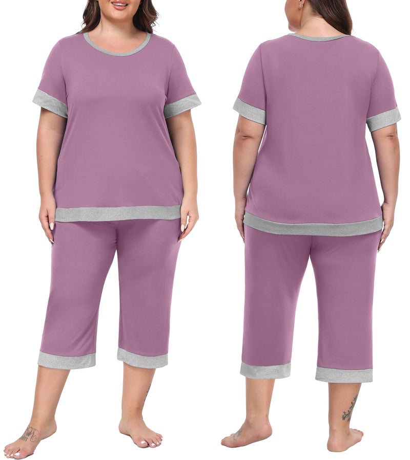 PrinStory Women's Pajama Set Short Sleeve Shirt and Capri Pants Sleepwear Pjs Sets Lounge Set Purple Red-L - Image 4