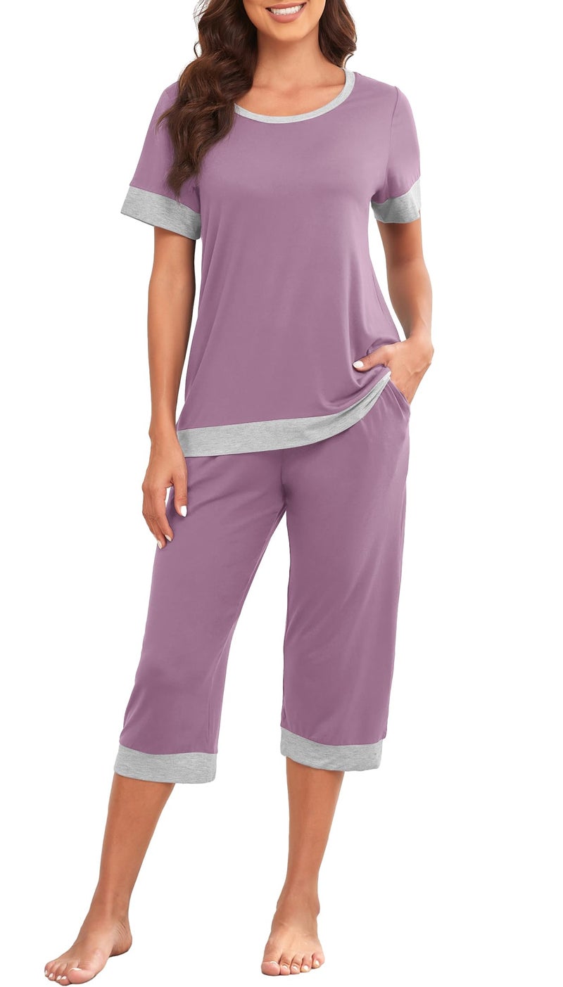 PrinStory Women's Pajama Set Short Sleeve Shirt and Capri Pants Sleepwear Pjs Sets Lounge Set Purple Red-L - Image 1
