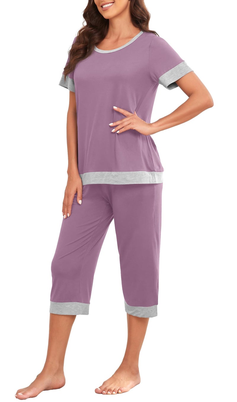 PrinStory Women's Pajama Set Short Sleeve Shirt and Capri Pants Sleepwear Pjs Sets Lounge Set Purple Red-L - Image 5