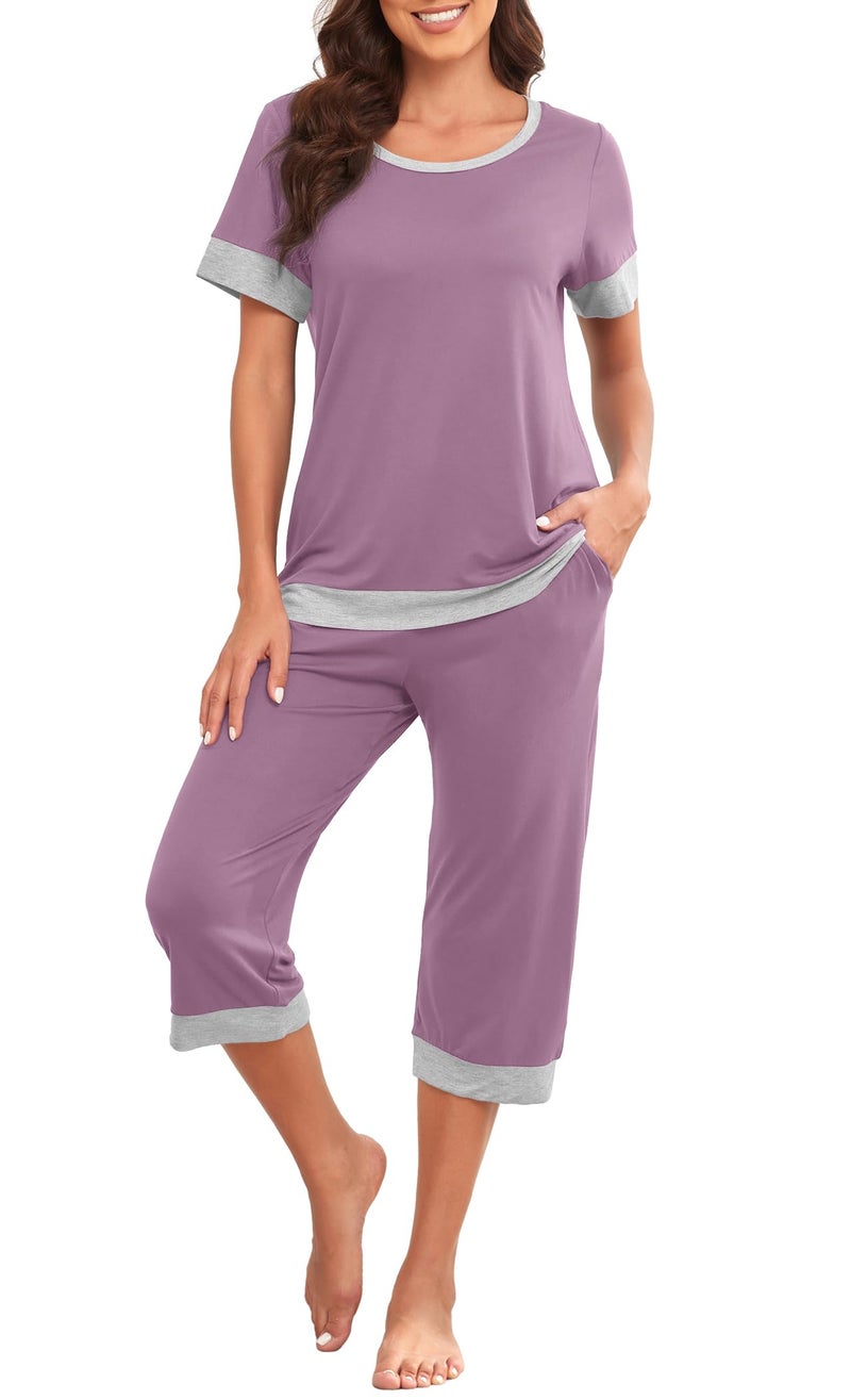 PrinStory Women's Pajama Set Short Sleeve Shirt and Capri Pants Sleepwear Pjs Sets Lounge Set Purple Red-L - Image 2
