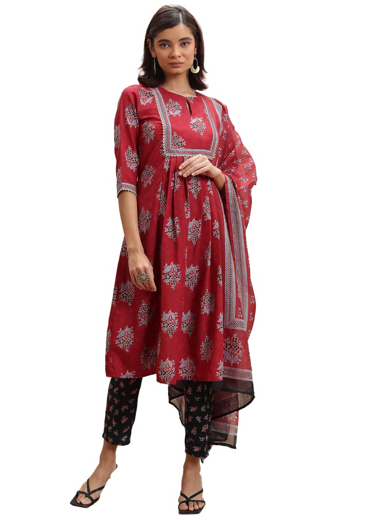 Ketch Womens ThreeForth Sleeve Regular Fit Ethnic Set KHK3001096 RED S - Image 1